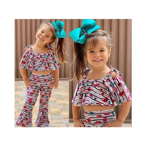 Kids Girls Toddlers Cute Cherry Striped Printing Off-shoulder Cropped Top Flare Pants 2Pcs Outfit