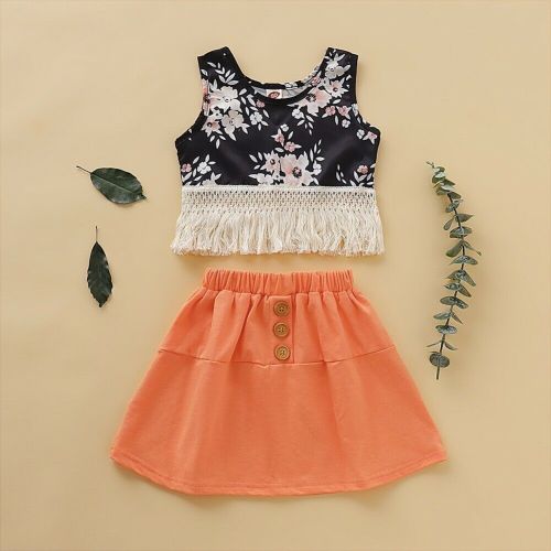 Sweet Flower Big/Little Sister Girl Clothes Sets Outfit Floral Sleeveless Tassel Top+A-Line Solid Skirt