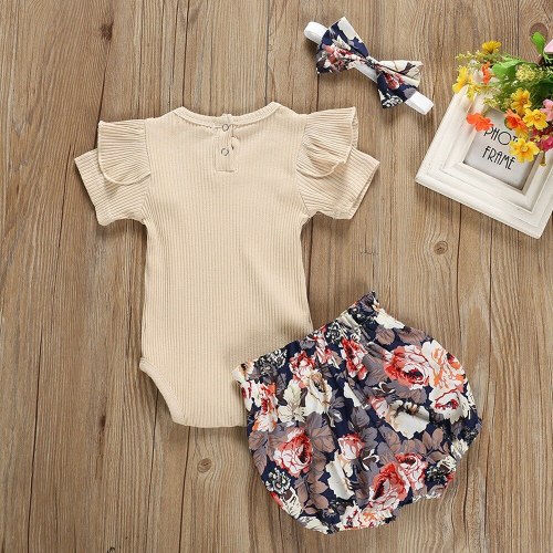 3Pcs Cute Baby Girl Clothing Newborn Short Sleeve Bodysuit and Pants Shorts Summer Outfit Set
