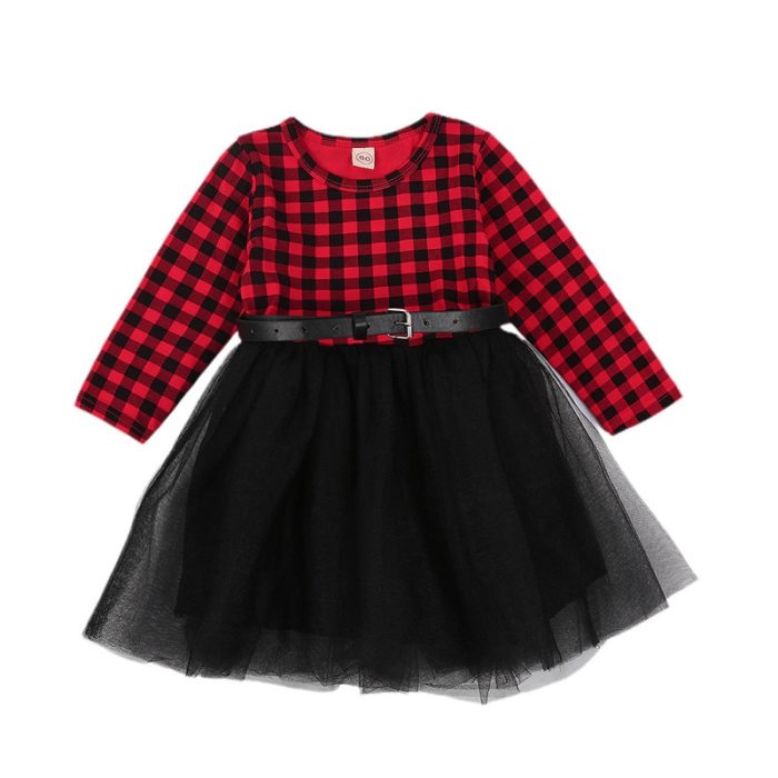 2021 Kids Dresses for Girls Christmas Clothes Party Costume Red Plaid Print  Lace Dress