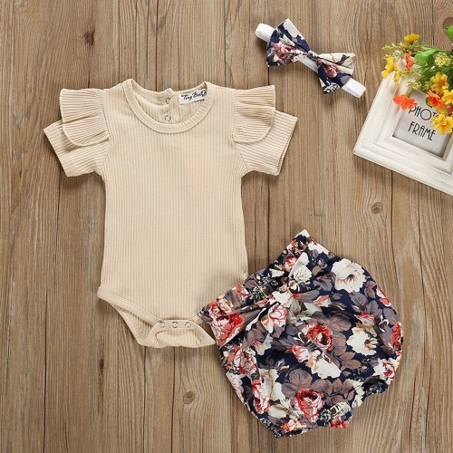 3Pcs Cute Baby Girl Clothing Newborn Short Sleeve Bodysuit and Pants Shorts Summer Outfit Set
