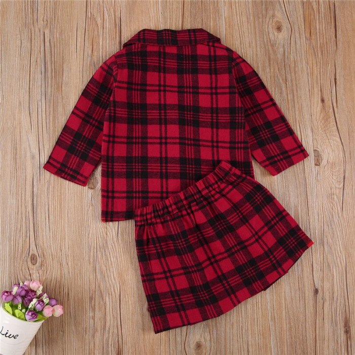 Autumn Newborn Baby Girls Red Plaid Clothes Sets Girl’s Lapel Long Single Breasted Jacket  Suit