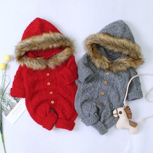 Autumn Winter Warm Coat For Baby Boys Girls Rompers Baby Hooded Knit Romper Infant Jumpsuit