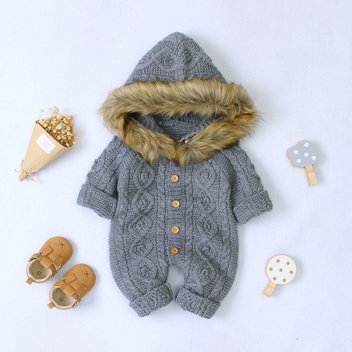 Autumn Winter Warm Coat For Baby Boys Girls Rompers Baby Hooded Knit Romper Infant Jumpsuit