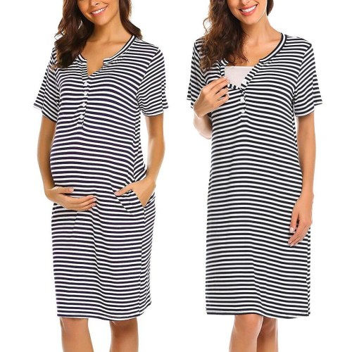 Pajamas Pregnancy Maternity Women Breastfeeding Striped Sleepwear Dress