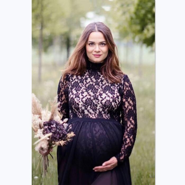 Maternity Lace Dress Pregnant Women Pregnancy Gown Maxi Long Sleeve Rompers 2-Piece Set Photo Shoot Photography Props Clothing