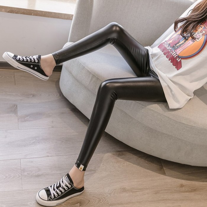 Drawstring High Waist Belly Lift Pants For Pregnant Women Fashion Black Leather Trousers