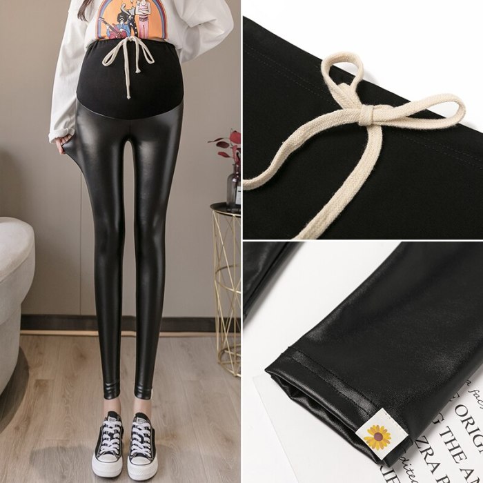 Drawstring High Waist Belly Lift Pants For Pregnant Women Fashion Black Leather Trousers