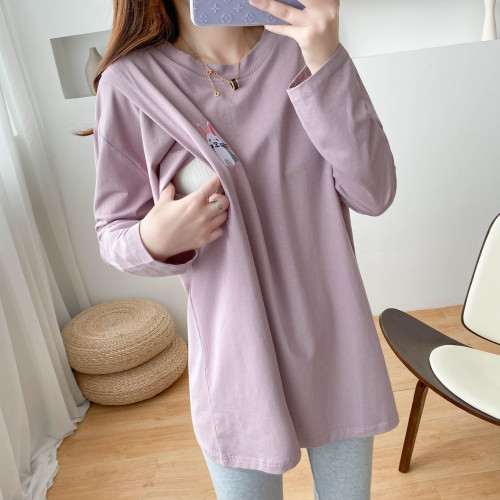 Rabbit Embroidery Breastfeeding Clothes For Women Auyumn Lavender Long Sleeve Tshirt Cotton Pregnancy Clothes Factory Direct
