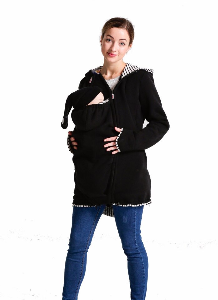 Babywearing coat baby carrier jacket pregnancy apparel maternity sweatshirt material black stripes Mom baby jacket