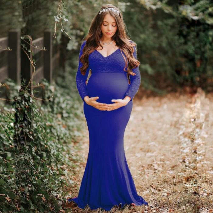 Pregnancy Sexy Lace V Neck Long Sleeve Maternity Dress  Photoshoot Gowns