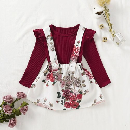 2PCS NEW Newborn Infant Baby Kids Girl Clothes Cotton Long Sleeve Ruffle Tops Floral Flower Skirt Sweet Outfit Costume