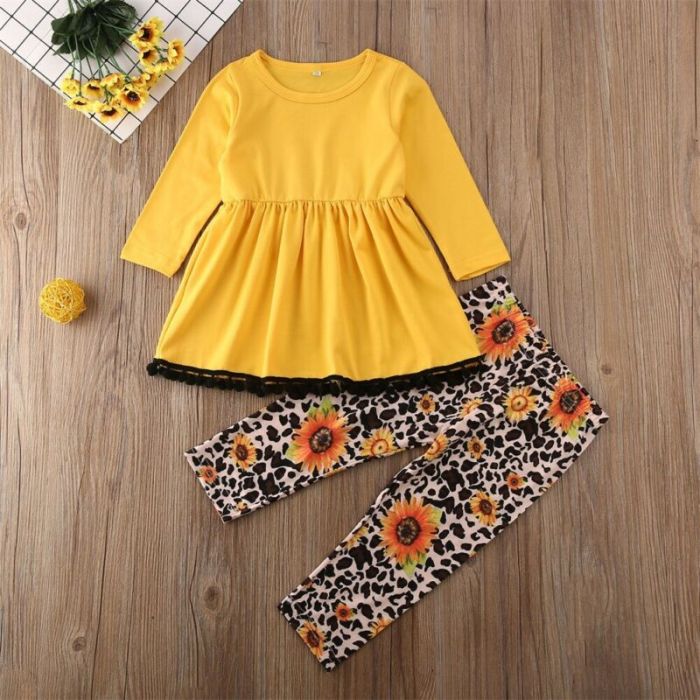 2Pcs Childern Toddler Kids Baby Girl Suit Set Autumn Clothes O-Neck Yellow Long Sleeve T-shirt Tops Leopard Leggings Pants