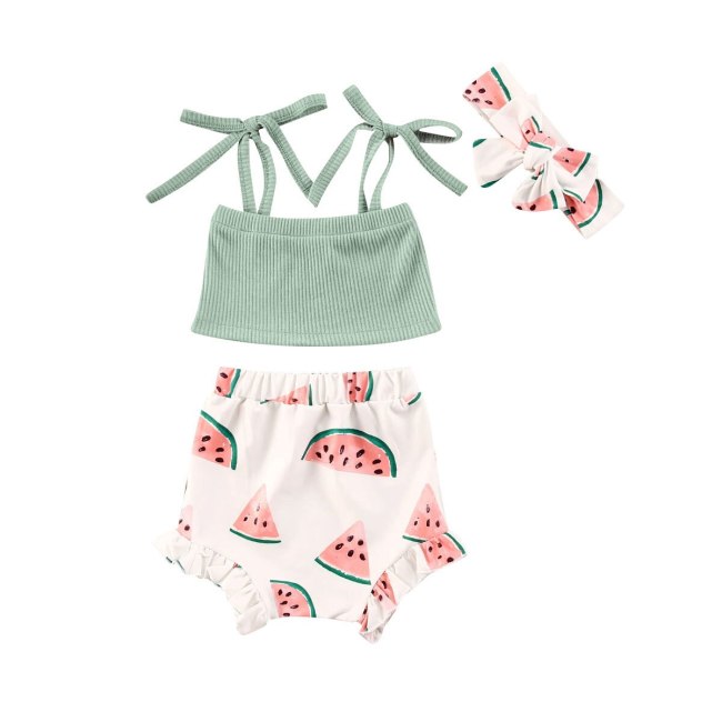 Summer  0-24M Toddler Infant Baby Girl Clothes Set Watermelon Sleeveless Crop Top Shorts Headband 3PCs Outfits Clothing