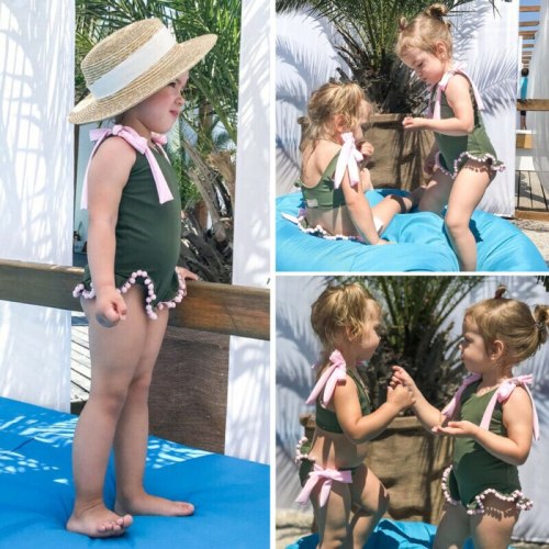 Summer Toddler Baby Girl Swimwear Bandage Bow Sleeveless Green Beach Wear Swimsuit Beachwear Bathing Suit Bikini Set Tassel
