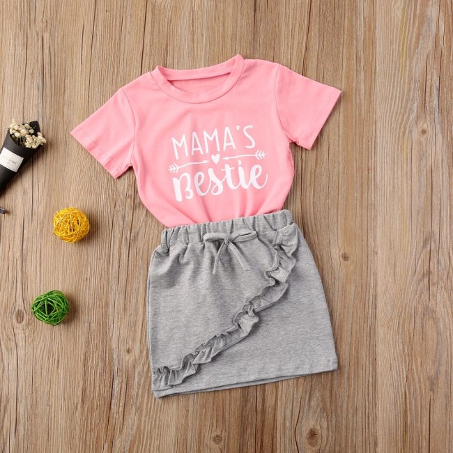 Summer Toddler Baby Girls Letter Print Short Sleeve T-shirt Top Lace Ruffle Skirt Set Casual Round Collar 2PCS Outfit