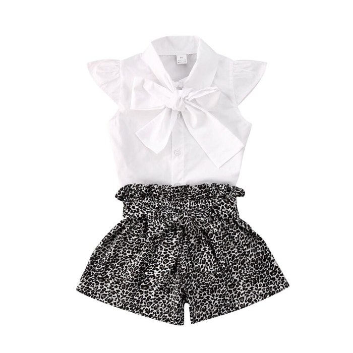 2020 New Spring Toddler Kids Baby Girls Ruffle Short Sleeve Bow T-shirt Top Leopard Shorts Outfits Clothes Sets Outfit Costume