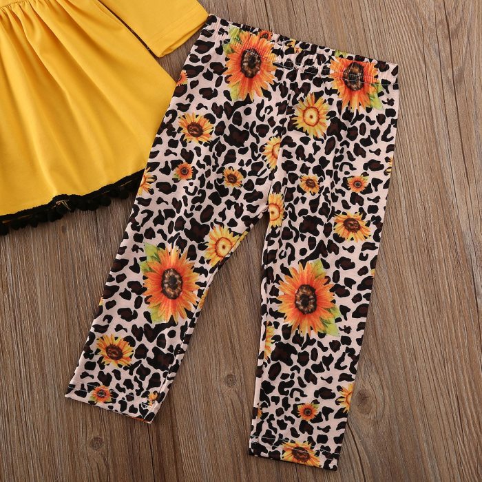 2Pcs Childern Toddler Kids Baby Girl Suit Set Autumn Clothes O-Neck Yellow Long Sleeve T-shirt Tops Leopard Leggings Pants