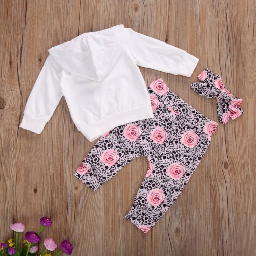 Baby Girl Autumn Long Sleeve Hooded Sweatshirt 3pcs Suit White Hooded Top+Flower Printed Trousers+Bow Headband Spring