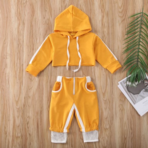 Fashion Baby Spring Summer Tracksuit Toddler Baby Girls Sport Clothes Hood Hooded Crop Tops Mesh Pants 2Pcs Solid Outfit