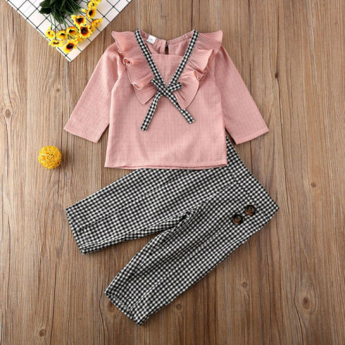 Toddler Baby Girl Ruffle Cute Tops Plaids Pants Leggings 2Pcs Outfits Suit Clothes Clothing