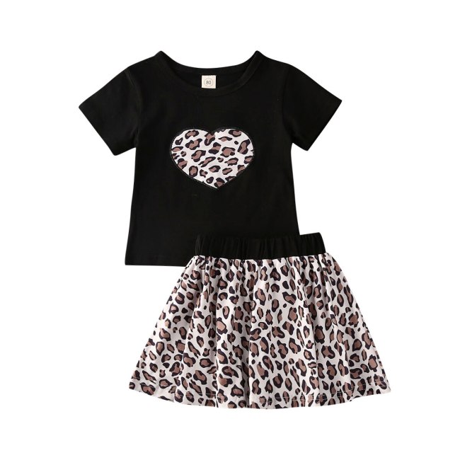 Summer Toddler Valentine's Day Infant Kids Girl Clothes Set Heart Leopard Short Sleeve Round Neck T-shirt Skirt Clothing 2PCs