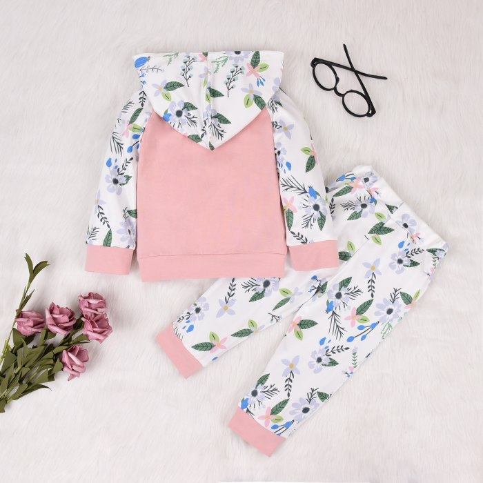 2020 Autumn Spring Toddler Infant Baby Girl Clothes  2PCs Set Long Sleeve Hooded Top Floral Pants Clothing Costume Outfits