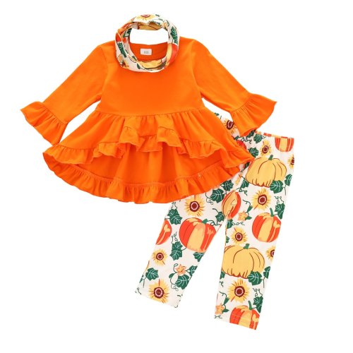 2020 Halloween Autumn Fall Kids Baby Girl Orange Clothes Set Long Sleeve Top Dress Pumpkin Pants Scarf OutfitsToddler Infant