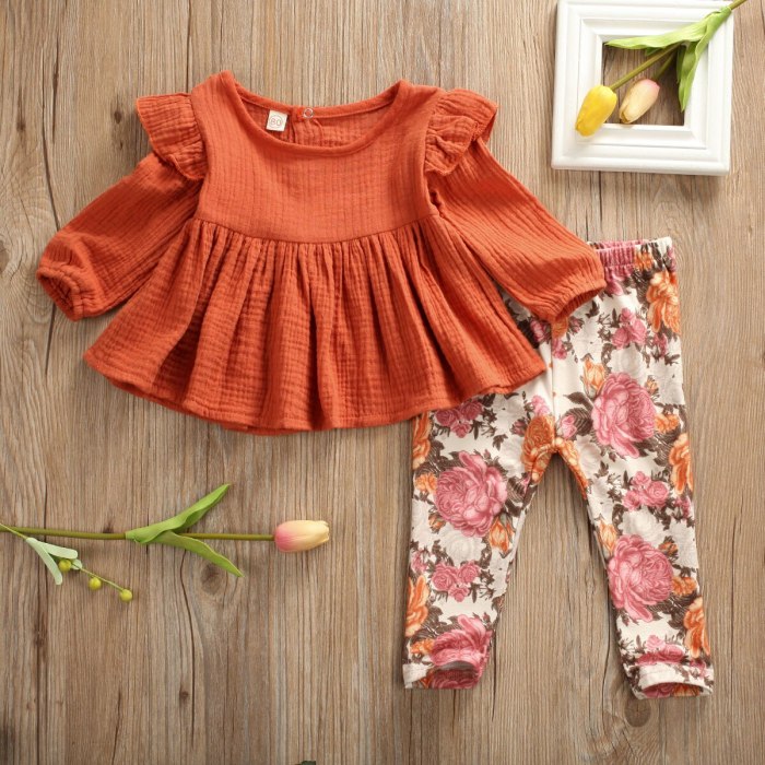 Newborn Kid Baby Girl Clothes Set Autumn Ruffle Long Sleeve Tops Floral Pants Clothing Tracksuit Cotton Outfits 2PCs