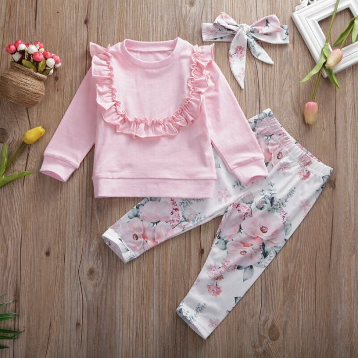 Baby Girls Clothes 3Pcs Floral Flower Pink Outfit Ruffle Long Sleeve Tops Pants Trousers Headband
