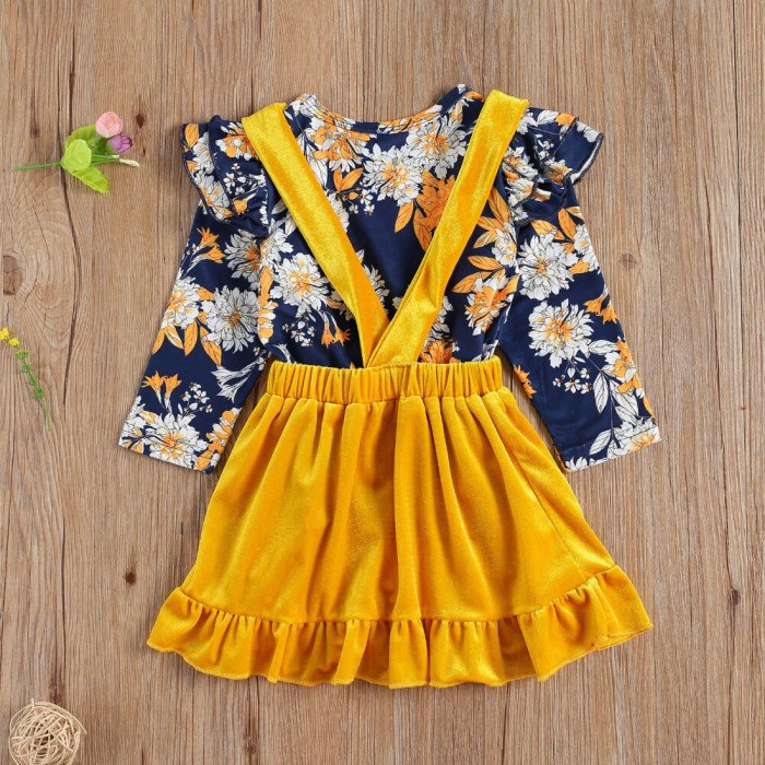 Baby Infant Girl 2PCS Dress Set Lace Long Sleeve Flower Print Top Solid Color Suspenders Button Short Skirt Spring Fall Fashion