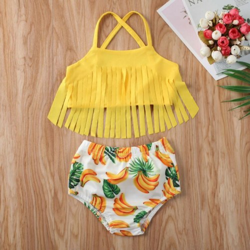 Summer Kids Baby Girl Swimwear Bikini Beach Suit Tassel Sleeveless Tops  Print Shorts  Swimsuit