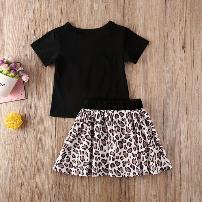 Summer Toddler Valentine's Day Infant Kids Girl Clothes Set Heart Leopard Short Sleeve Round Neck T-shirt Skirt Clothing 2PCs