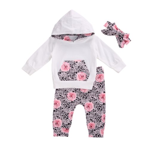 Baby Girl Autumn Long Sleeve Hooded Sweatshirt 3pcs Suit White Hooded Top+Flower Printed Trousers+Bow Headband Spring