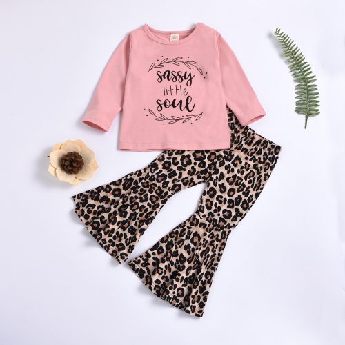 Children Girl Long-sleeved Trousers Suit Letter Print Round Neck T-shirt Pullover+Leopard Elastic Trumpet Pants Spring Fall