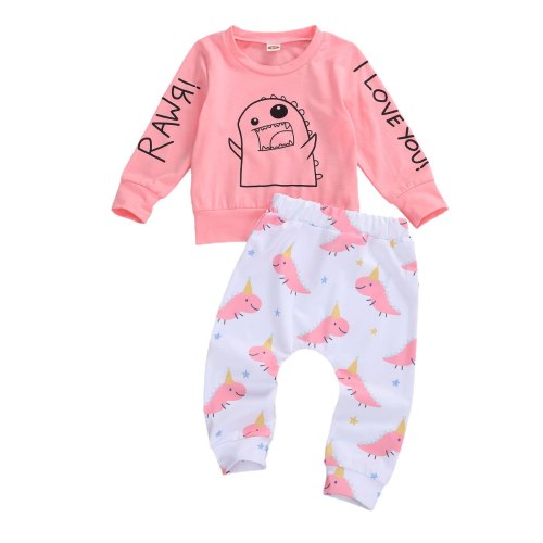 Toddler Infant Newborn Baby Girls Clothes Set  Monster Cartoon Dinosaur Print Long Sleeve Top Pants 2PCs Outfits Clothing