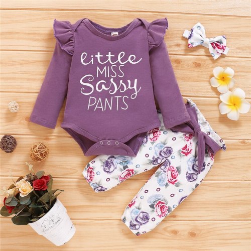 2020 Newborn Baby Girls Clothes Set Floral Pants Purple Letter Print Romper Headband 3Pcs Autumn Toddler Infant Clothing Outfits
