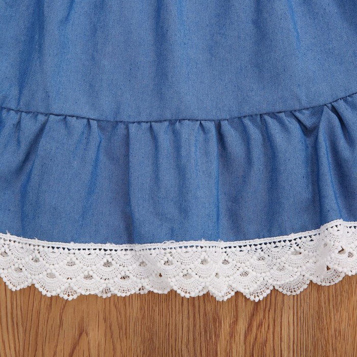 2Pcs Girl Summer Fashion Dress Suits White Strap Sling Backless Tank Top+Blue Full Tiered Denim Skirt for 2-7 Years