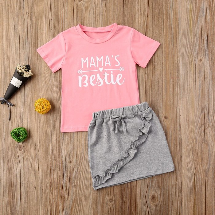Summer Toddler Baby Girls Letter Print Short Sleeve T-shirt Top Lace Ruffle Skirt Set Casual Round Collar 2PCS Outfit