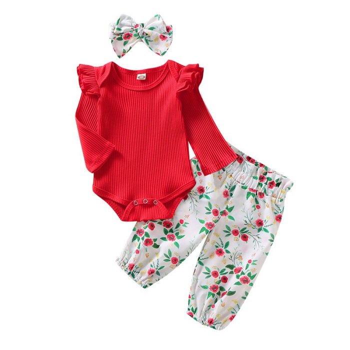 Toddler Infant Newborn Baby Girl Kid Autumn Long Sleeve Bodysuit Floral Pants Headband 3Pcs Clothes Set Outfit Costume Clothing