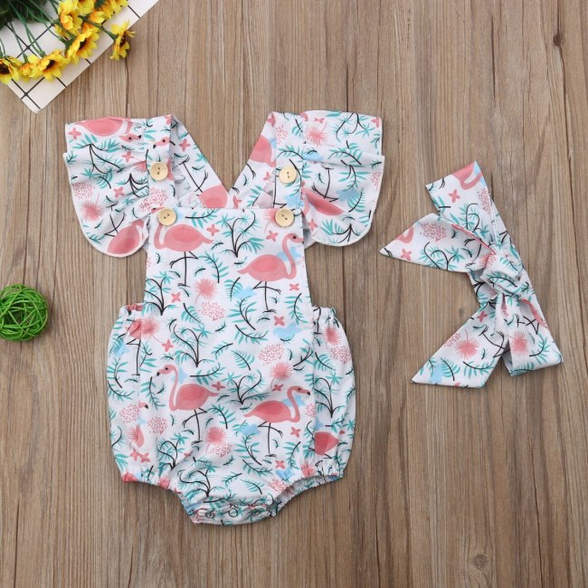 Newborn Baby Girls Flamingo Print Jumpsuit Bodysuit Infant Headband Clothes Outfits Sets