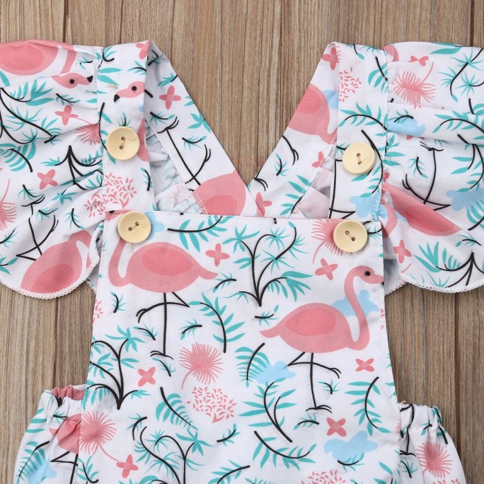 Newborn Baby Girls Flamingo Print Jumpsuit Bodysuit Infant Headband Clothes Outfits Sets