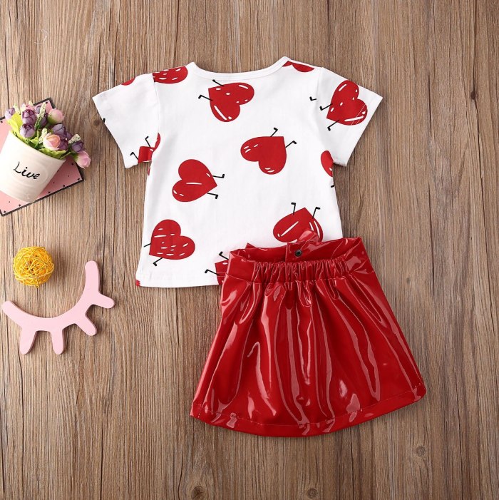 Toddler Baby Girl Clothes Valentine Love Peach Heart Print T-Shirt Tops Leather Skirt 2Pcs Outfits Clothes