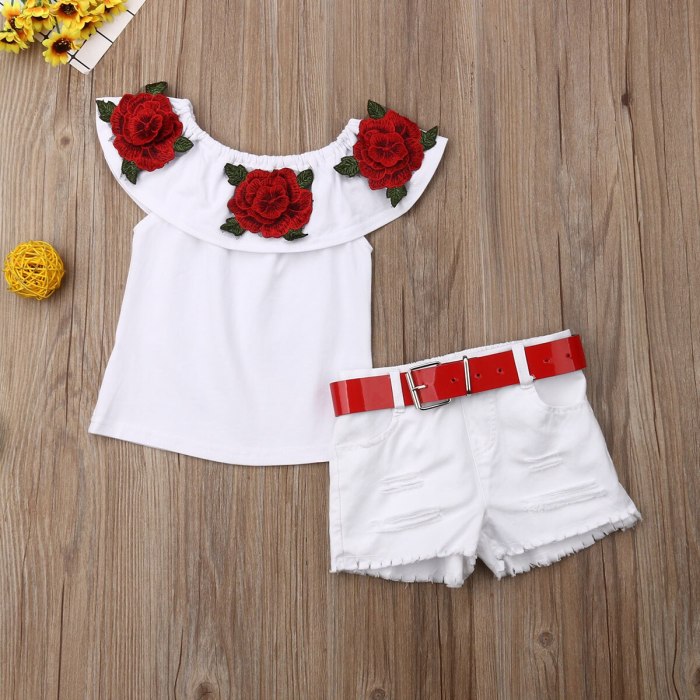 Toddler Baby Girl Clothes Flower Off Shoulder Ruffled Tops+Denim Ripped Shorts 2PCS Outfits Summer Clothes