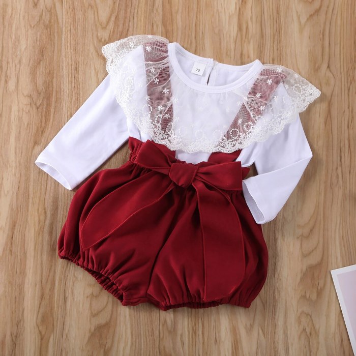Newborn Baby Girl Clothes Solid Color Lace Ruffle Long Sleeve Tops Strap Shorts Overalls 2Pcs Outfits Cotton Clothes