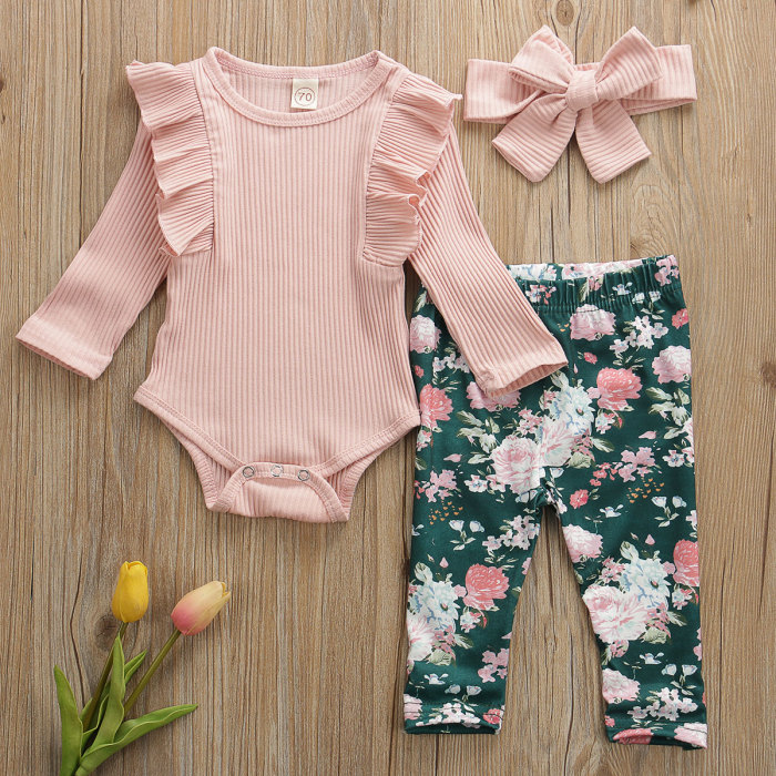Newborn Baby Girl Clothes Solid Color Knitted Cotton Romper Tops Flower Print Long Pants Headband 3Pcs Outfits Clothes