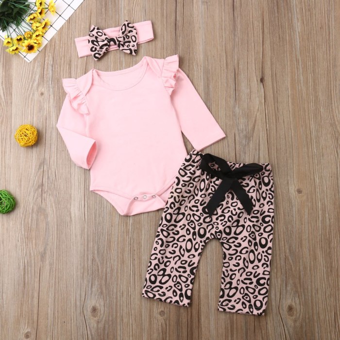 \Newborn Baby Girl Clothes Fly Sleeve Knitting Cotton Romper Tops Leopard Print Long Pants Headband 3Pcs Outfits Clothes