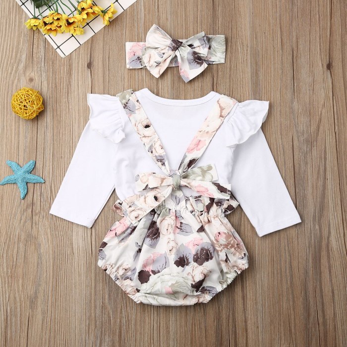 Newborn Baby Girl Clothes Solid Color Long Sleeve Romper Tops Strap Flower Print Short Pants Headband 3Pcs Outfits Set