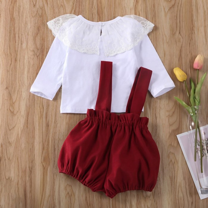 Newborn Baby Girl Clothes Solid Color Lace Ruffle Long Sleeve Tops Strap Shorts Overalls 2Pcs Outfits Cotton Clothes