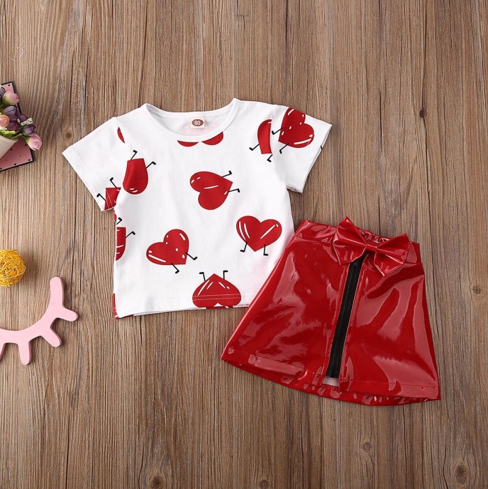 Toddler Baby Girl Clothes Valentine Love Peach Heart Print T-Shirt Tops Leather Skirt 2Pcs Outfits Clothes